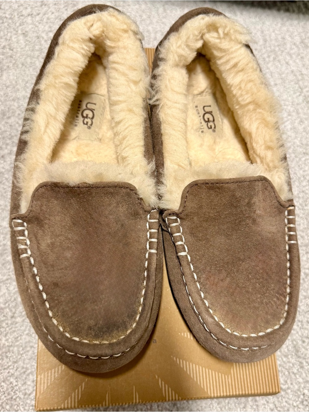 UGG Chocolate Brown Suede Shearling Moccasin Slippers